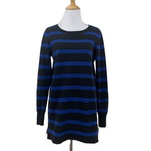 Caslon Tunic Sweater Womens S Small Blue Black Striped Knit Acrylic Blend Pocket
